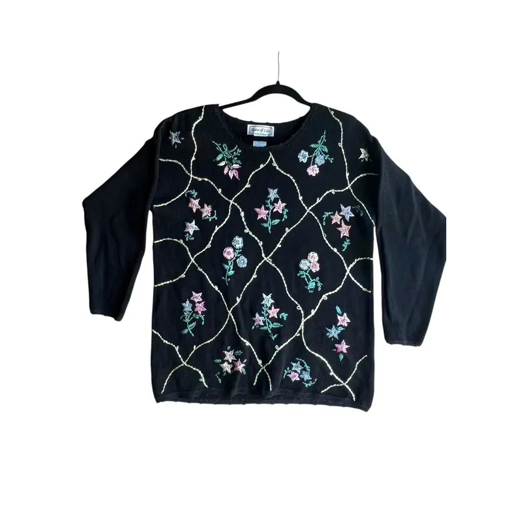 Spice of Life Vintage Women's Sweater Floral Embroidered Knit Black Size Small